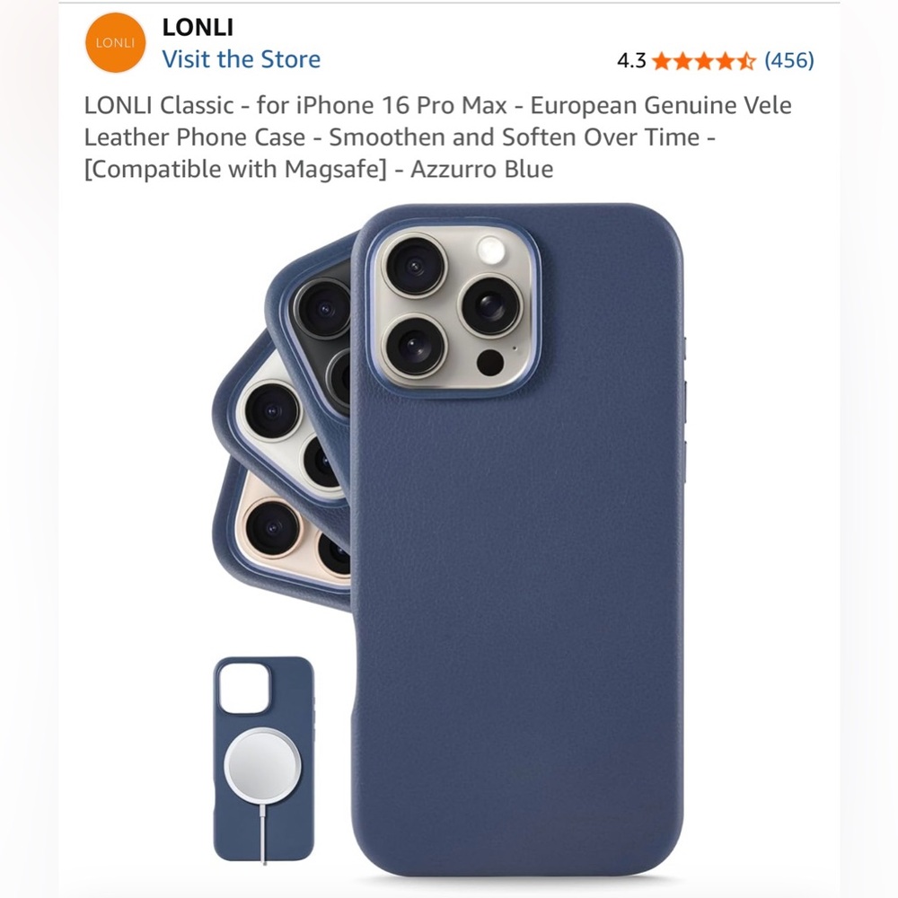 LONLI - Genuine Leather Phone Case for iPhone 16 Pro Max - MagSafe - Navy Blue